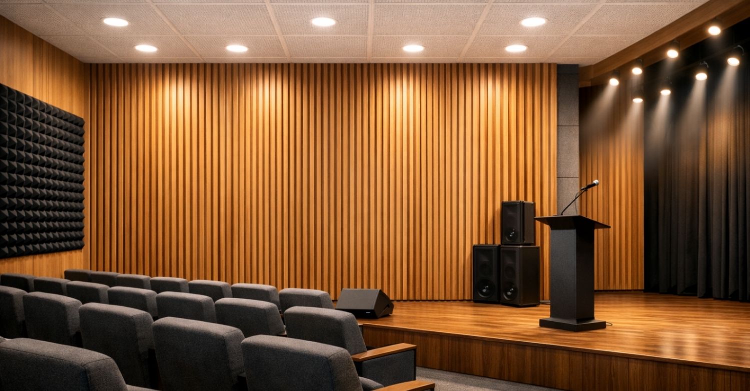 Auditorium walls acoustic panels and soundproofing layers